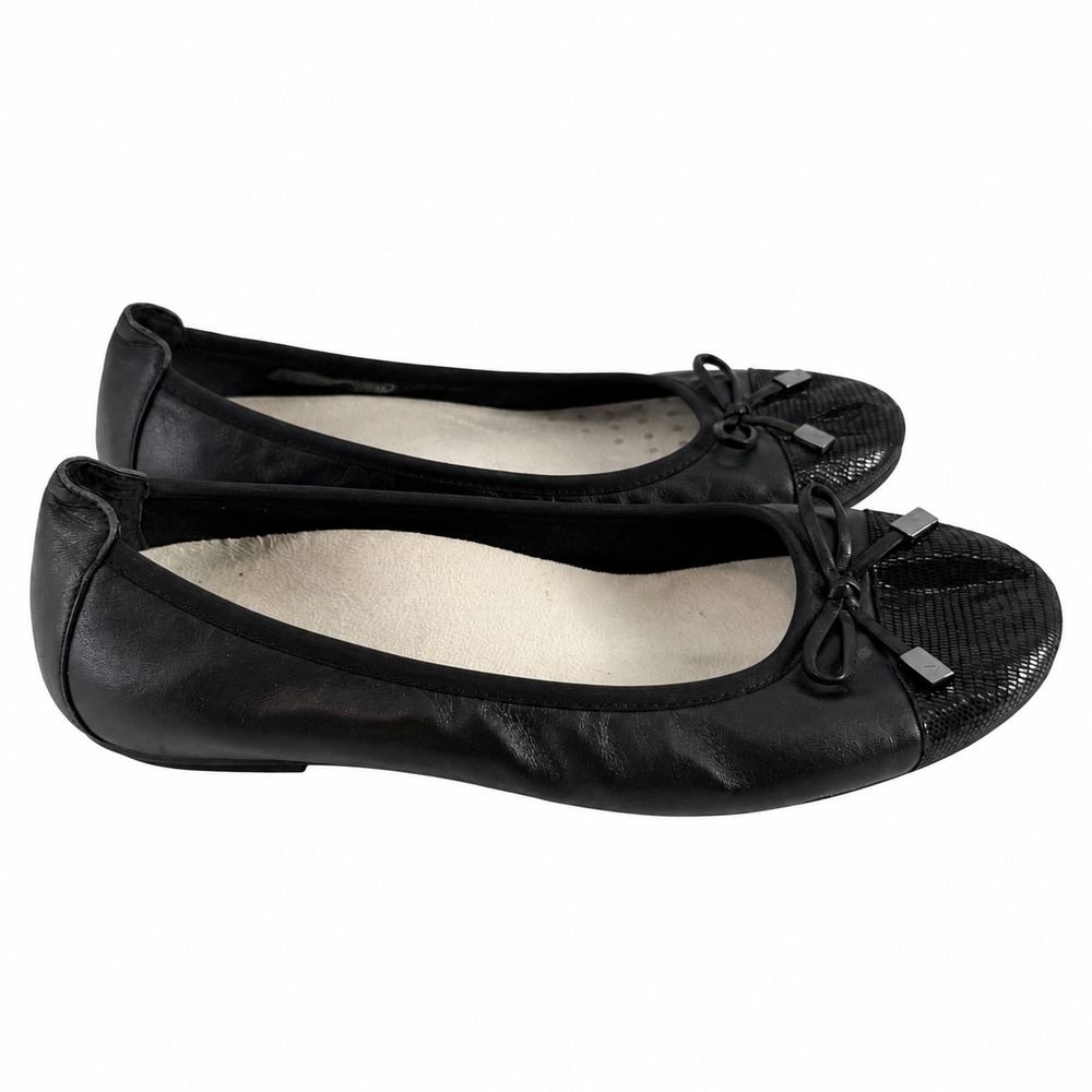 Vionic Minna Ballet Flats Women 7 Black Leather Cap Toe Bow Orthotic Comfort